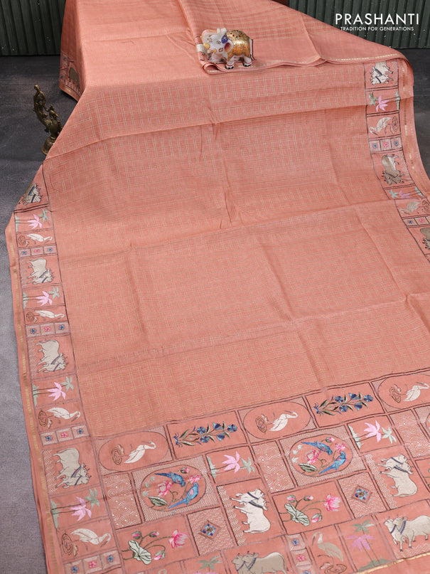 Semi tussar saree peach shade with allover zari checked pattern and pihwai embroidery border