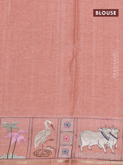 Semi tussar saree peach shade with allover zari checked pattern and pihwai embroidery border