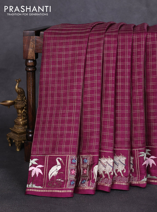 Semi tussar saree deep purple with allover zari checked pattern and pihwai embroidery border