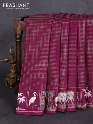 Semi tussar saree deep purple with allover zari checked pattern and pihwai embroidery border