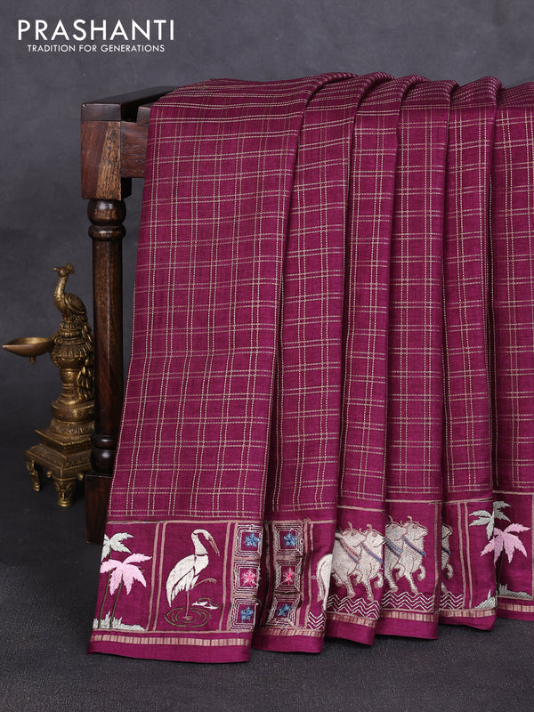 Semi tussar saree deep purple with allover zari checked pattern and pihwai embroidery border