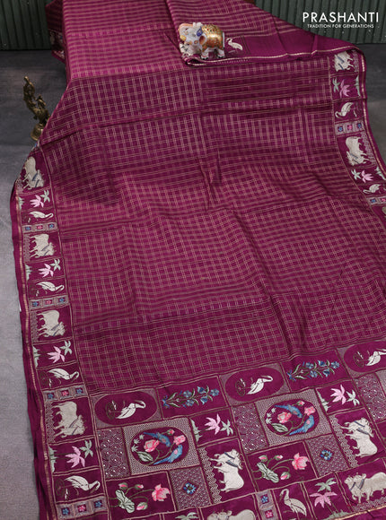Semi tussar saree deep purple with allover zari checked pattern and pihwai embroidery border