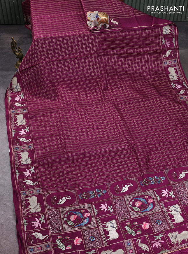 Semi tussar saree deep purple with allover zari checked pattern and pihwai embroidery border