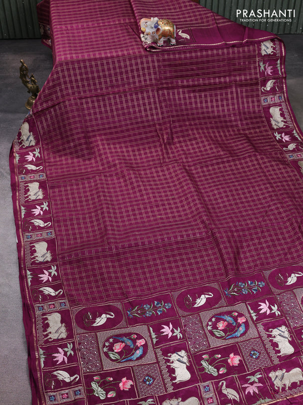 Semi tussar saree deep purple with allover zari checked pattern and pihwai embroidery border