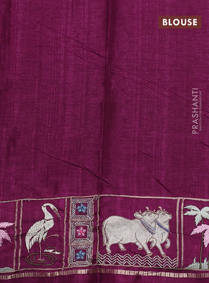 Semi tussar saree deep purple with allover zari checked pattern and pihwai embroidery border