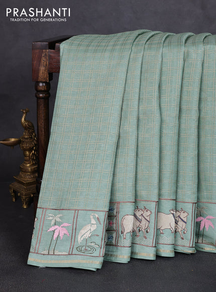 Semi tussar saree pastel green with allover zari checked pattern and pihwai embroidery border