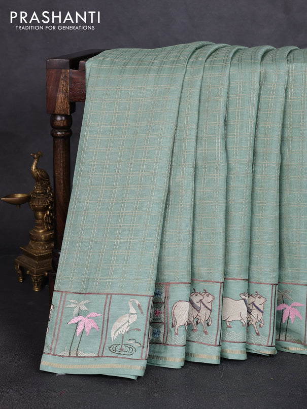 Semi tussar saree pastel green with allover zari checked pattern and pihwai embroidery border