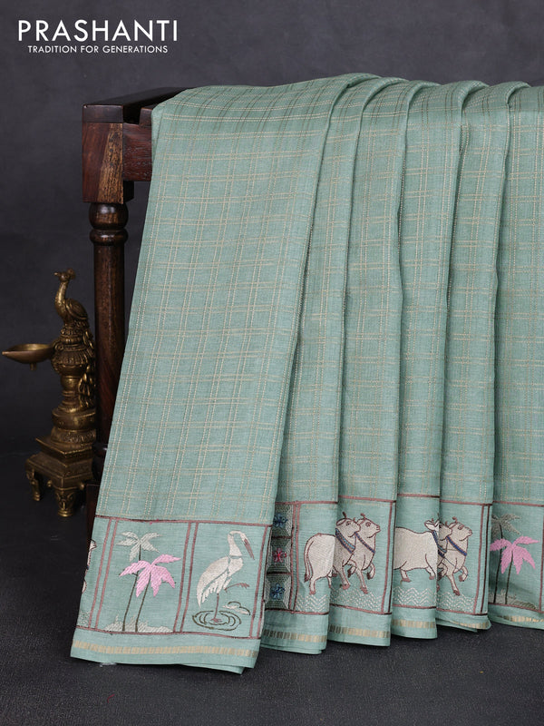 Semi tussar saree pastel green with allover zari checked pattern and pihwai embroidery border