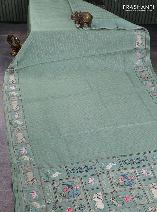 Semi tussar saree pastel green with allover zari checked pattern and pihwai embroidery border