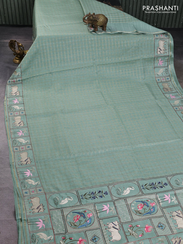 Semi tussar saree pastel green with allover zari checked pattern and pihwai embroidery border