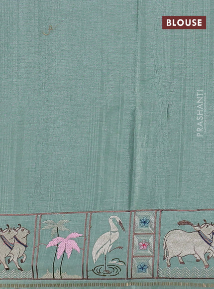Semi tussar saree pastel green with allover zari checked pattern and pihwai embroidery border