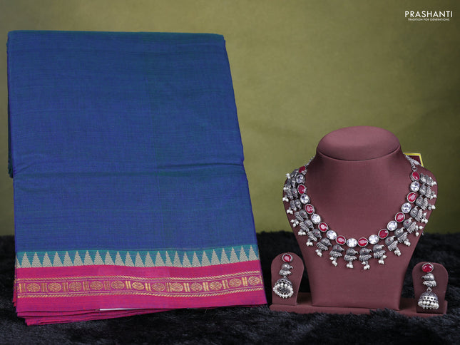Dual shade of bluish green narayanpet cotton saree with matching neck piece