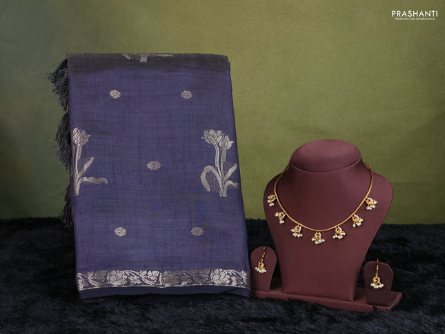 Navy blue semi raw silk with matching neck piece