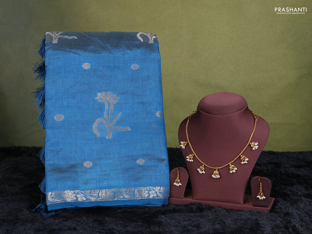 peacock blue semi raw silk with matching neck piece