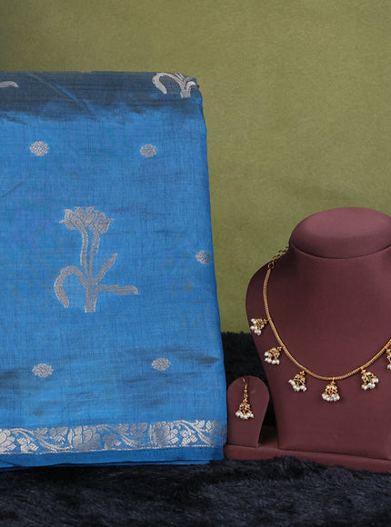 peacock blue semi raw silk with matching neck piece