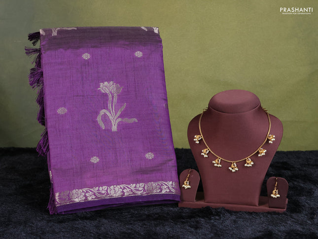 voilet semi raw silk with matching neck piece