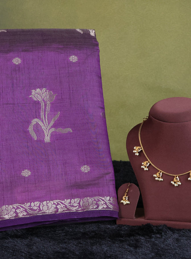 voilet semi raw silk with matching neck piece