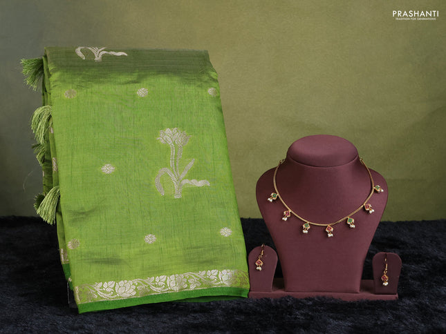 mehendi green semi raw silk with matching neck piece