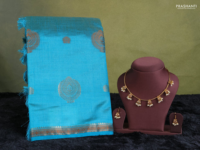 teal blue semi raw silk with matching neck piece