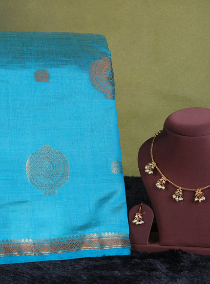teal blue semi raw silk with matching neck piece