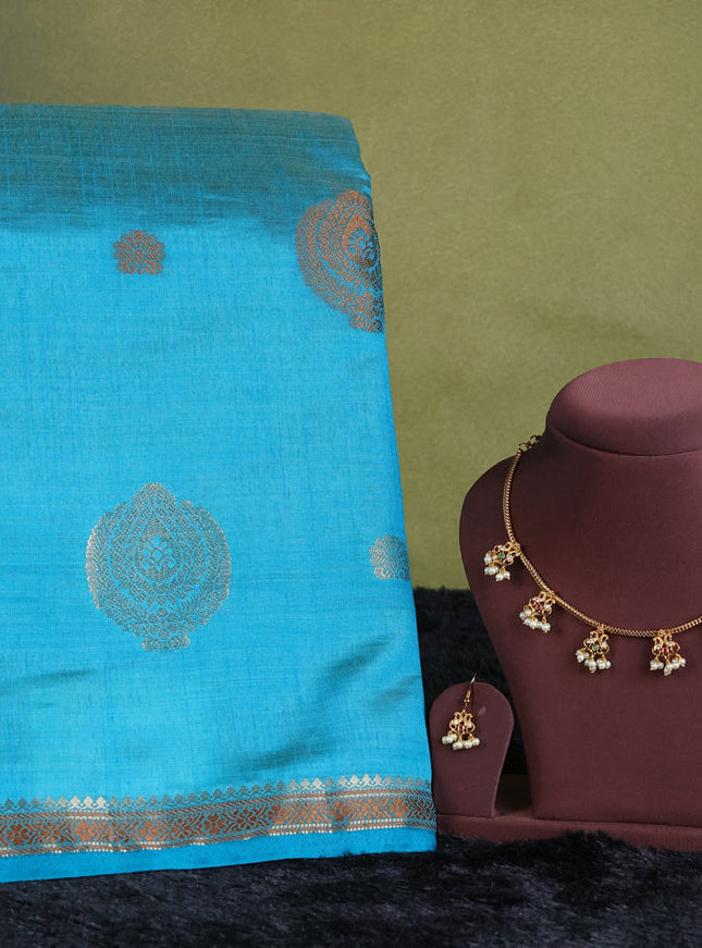 teal blue semi raw silk with matching neck piece