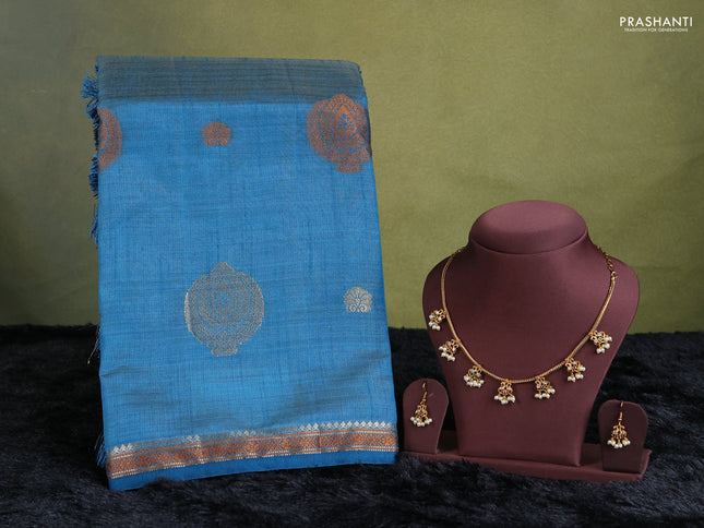 peacock  blue semi raw silk with matching neck piece