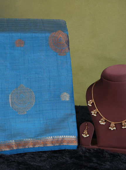 peacock  blue semi raw silk with matching neck piece