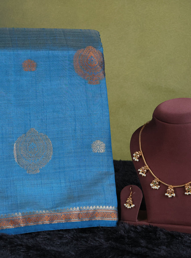 peacock  blue semi raw silk with matching neck piece
