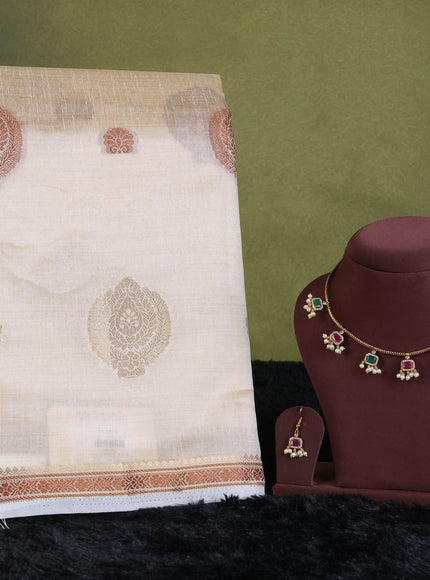 white semi raw silk with matching neck piece