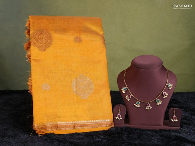 mustard yellow semi raw silk with matching neck piece