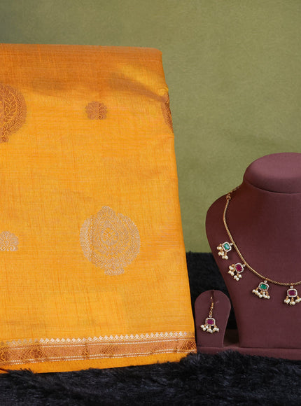 mustard yellow semi raw silk with matching neck piece