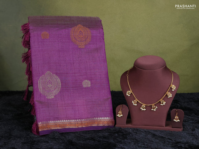 voilet semi raw silk with matching neck piece