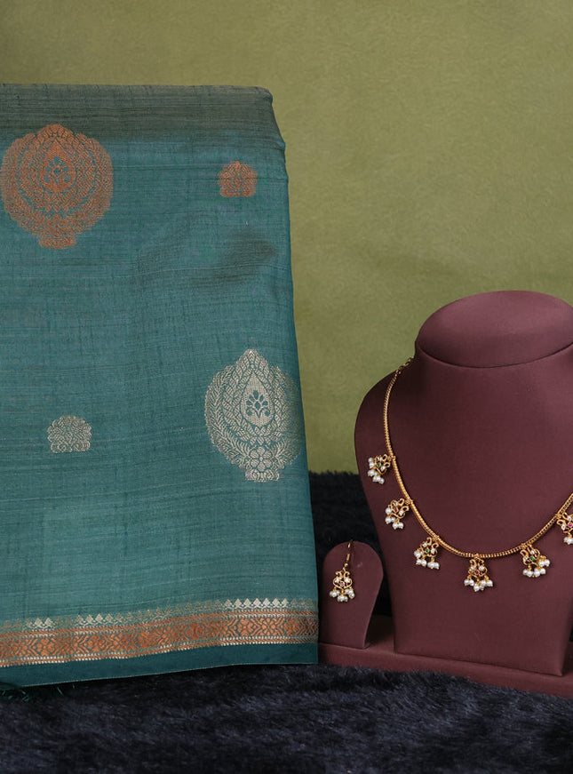bottle green semi raw silk with matching neck piece