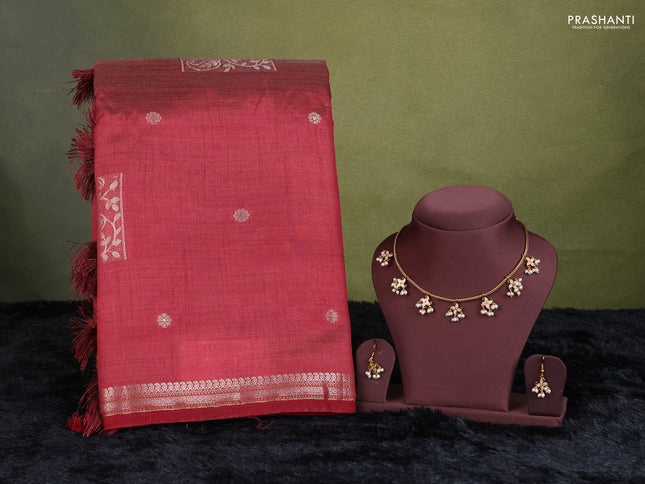 maroon semi raw silk with matching neck piece