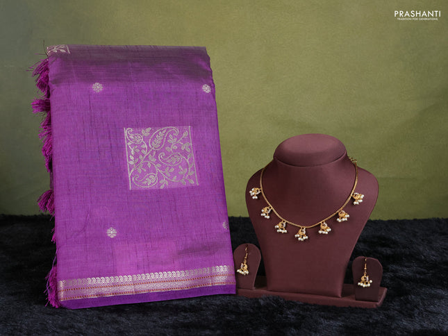 voilet  semi raw silk with matching neck piece