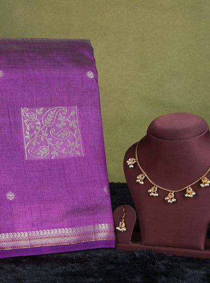 voilet  semi raw silk with matching neck piece