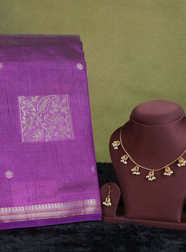voilet  semi raw silk with matching neck piece