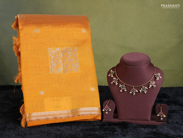 mustard yellow semi raw silk with matching neck piece