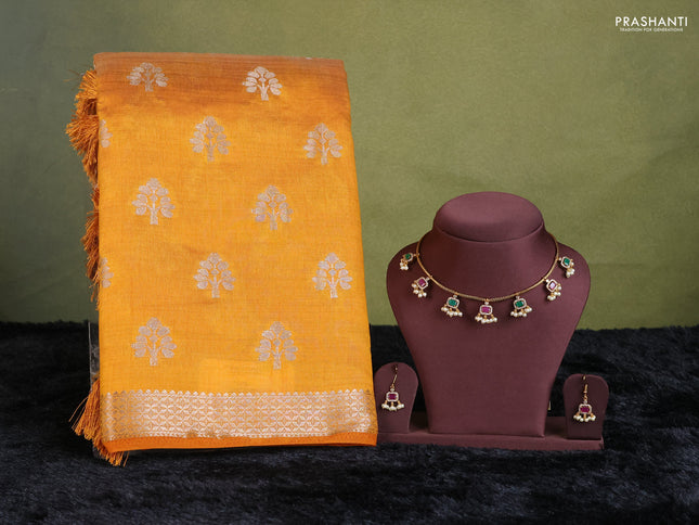 mustard yellow semi raw silk with matching neck piece