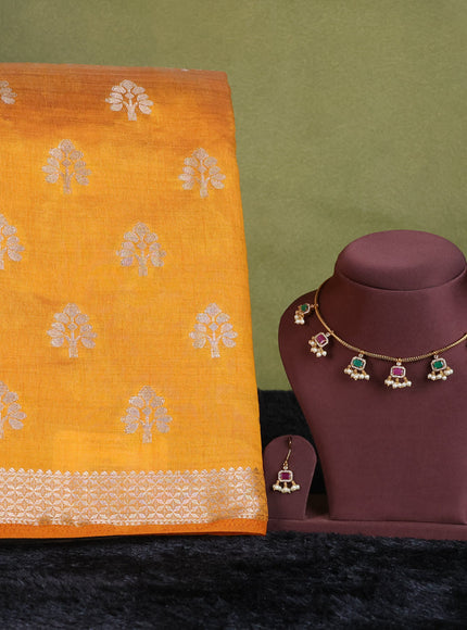 mustard yellow semi raw silk with matching neck piece