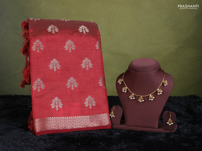 maroon semi raw silk with matching neck piece