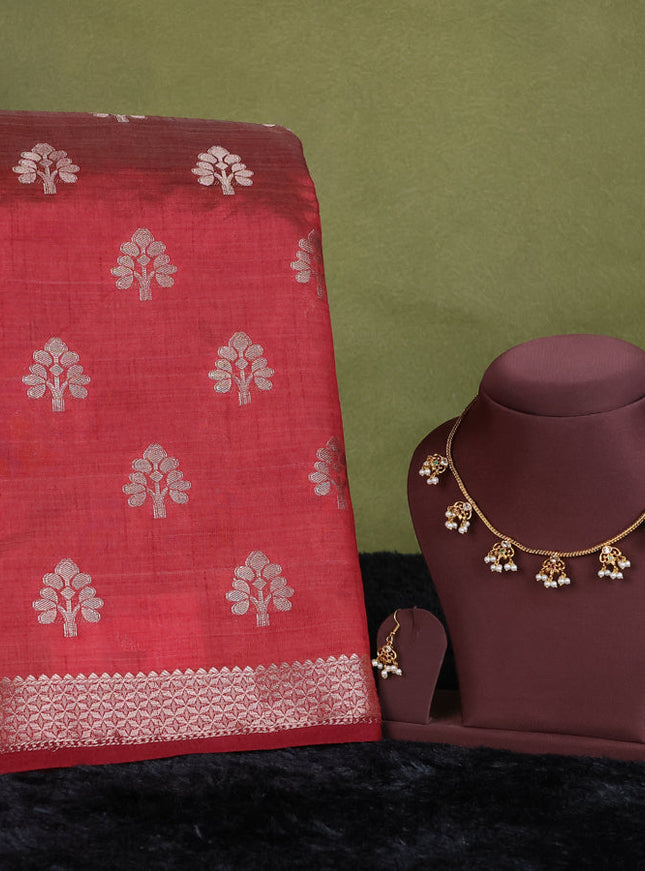 maroon semi raw silk with matching neck piece