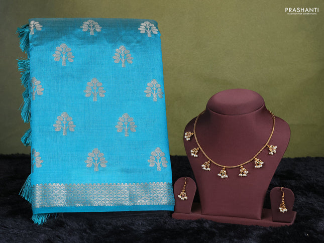 teal green semi raw silk with matching neck piece
