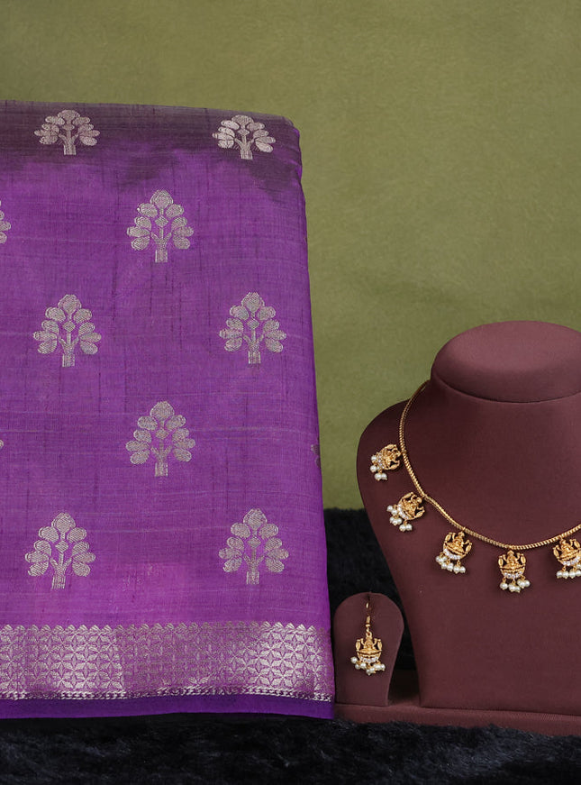 voilet semi raw silk with matching neck piece