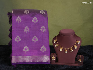 voilet semi raw silk with matching neck piece