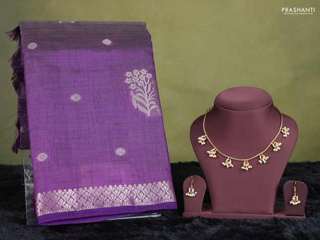 voilet semi raw silk with matching neck piece