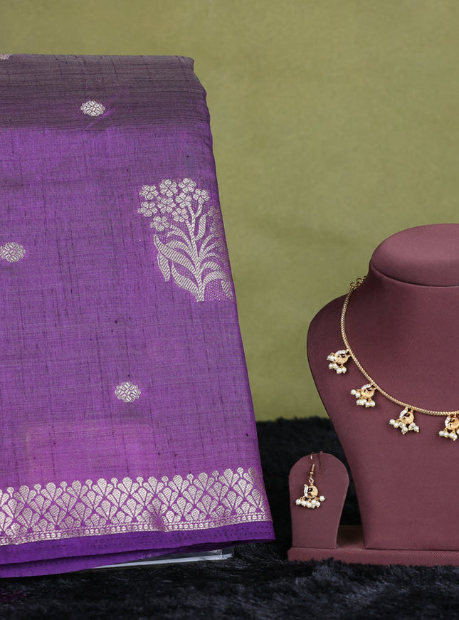 voilet semi raw silk with matching neck piece