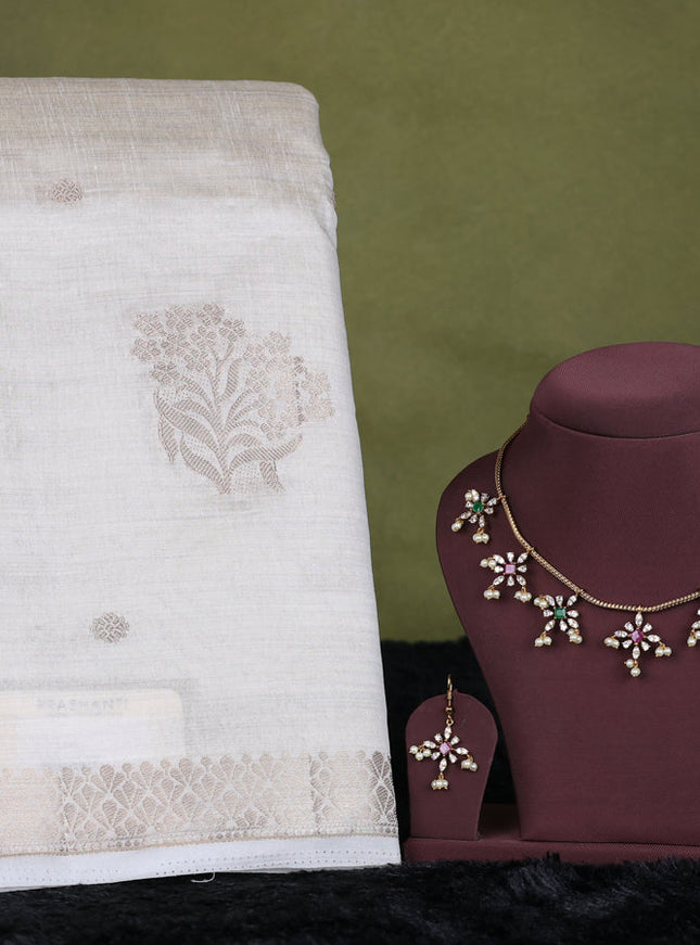 white semi raw silk with matching neck piece
