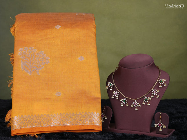 mustard yellow semi raw silk with matching neck piece