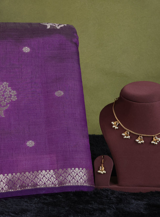 voilet semi raw silk with matching neck piece